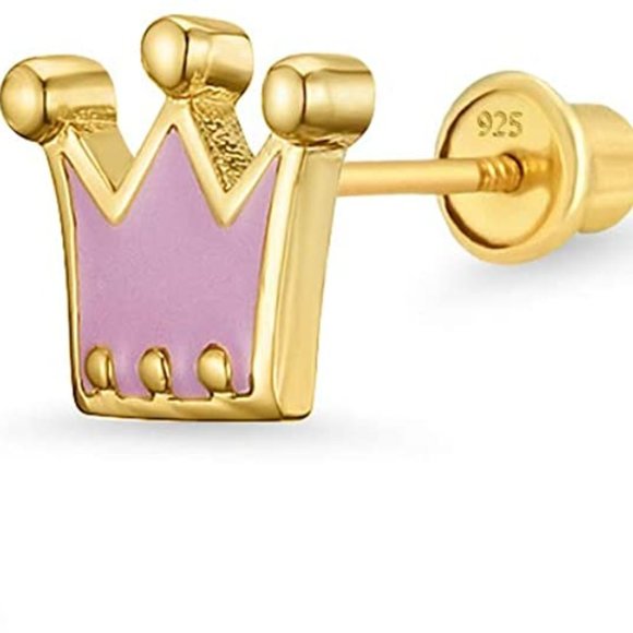 14k Gold Plated Enamel Princess Crown Earrings - Picture 4 of 11